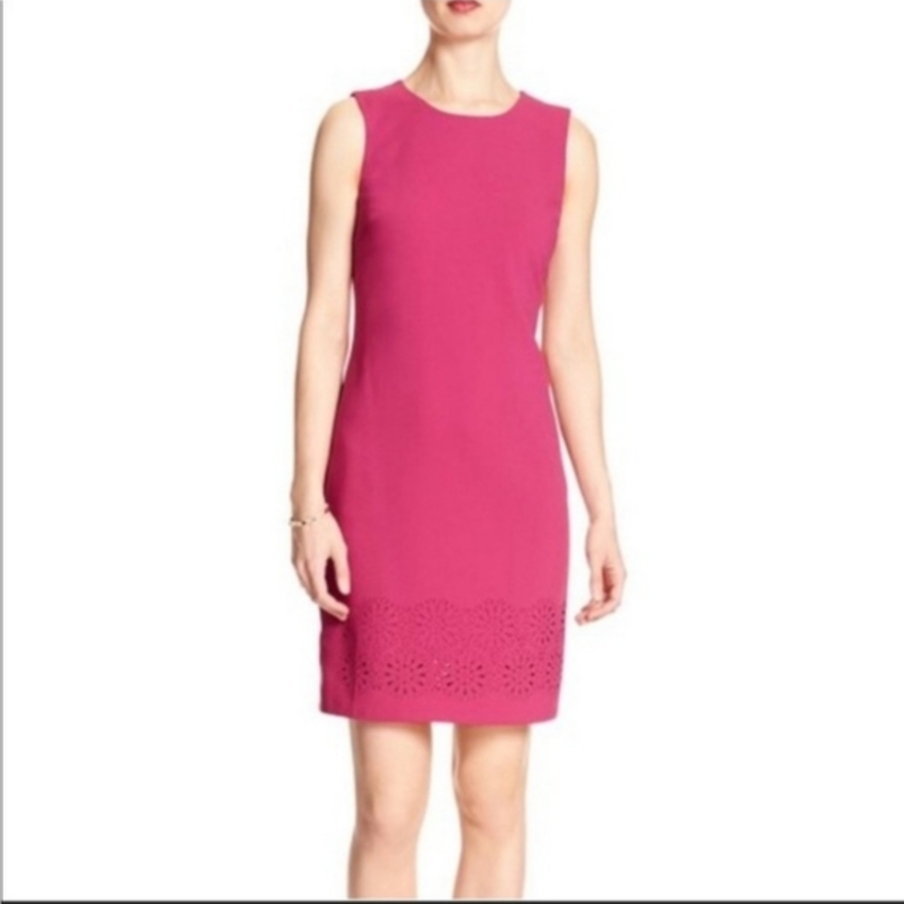 Banana Republic pink sleeveless sheath dress with eyelet cutouts along the hem.